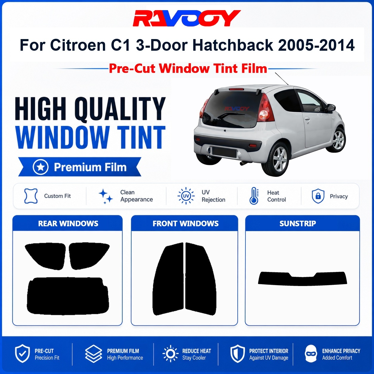 Privacy Screen Protector - シトロエンC1 3ドアハッチバック（2005-2014）用プレミアムプレカットウィンドウティント、フロント＆リアウィンドウUV遮熱プライバシーフィルム