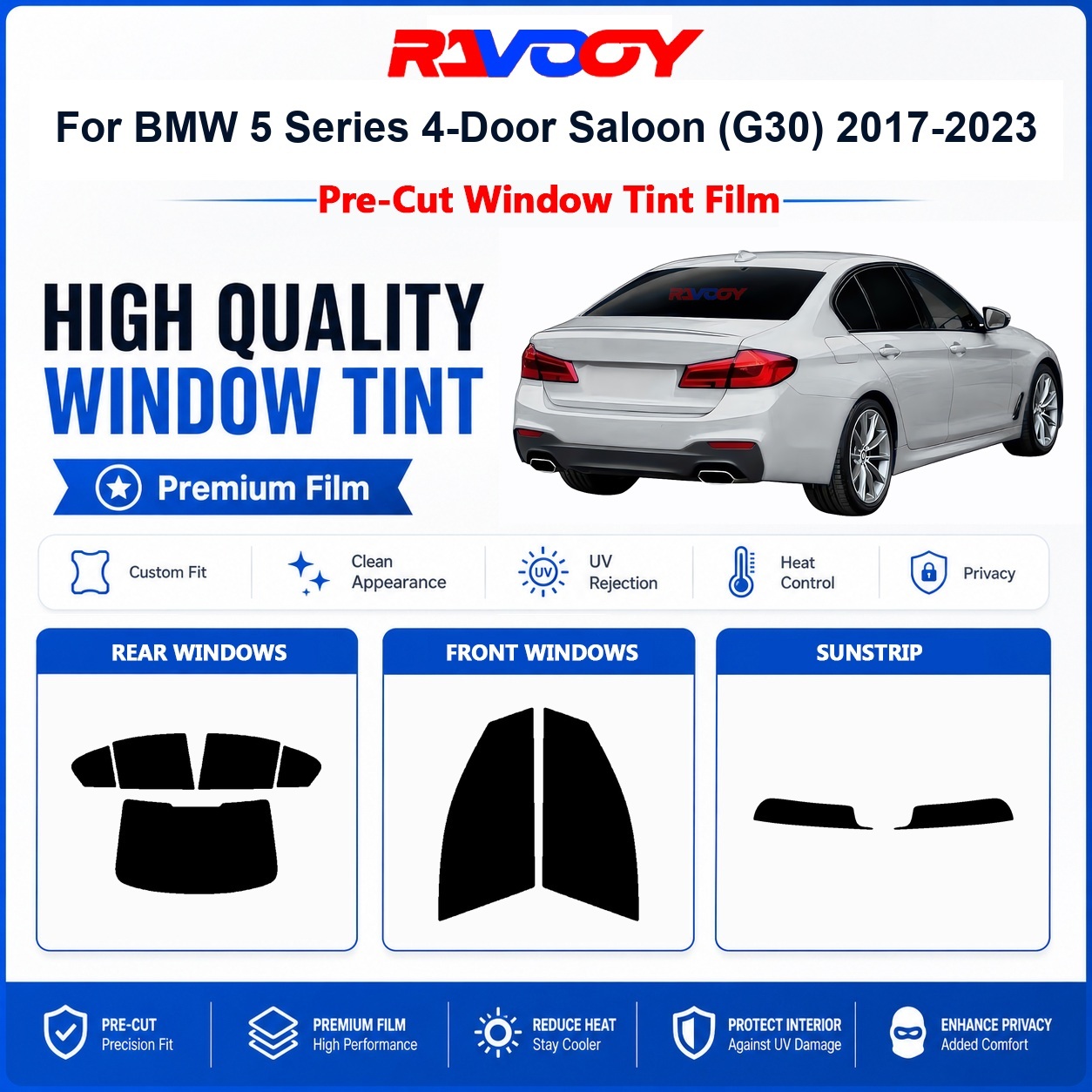 Privacy Screen Protector - BMW 5シリーズ 4ドアセダン (G30) 2017-2023 フロント＆リアウィンドウ用プレミアムプレカットウィンドウティント