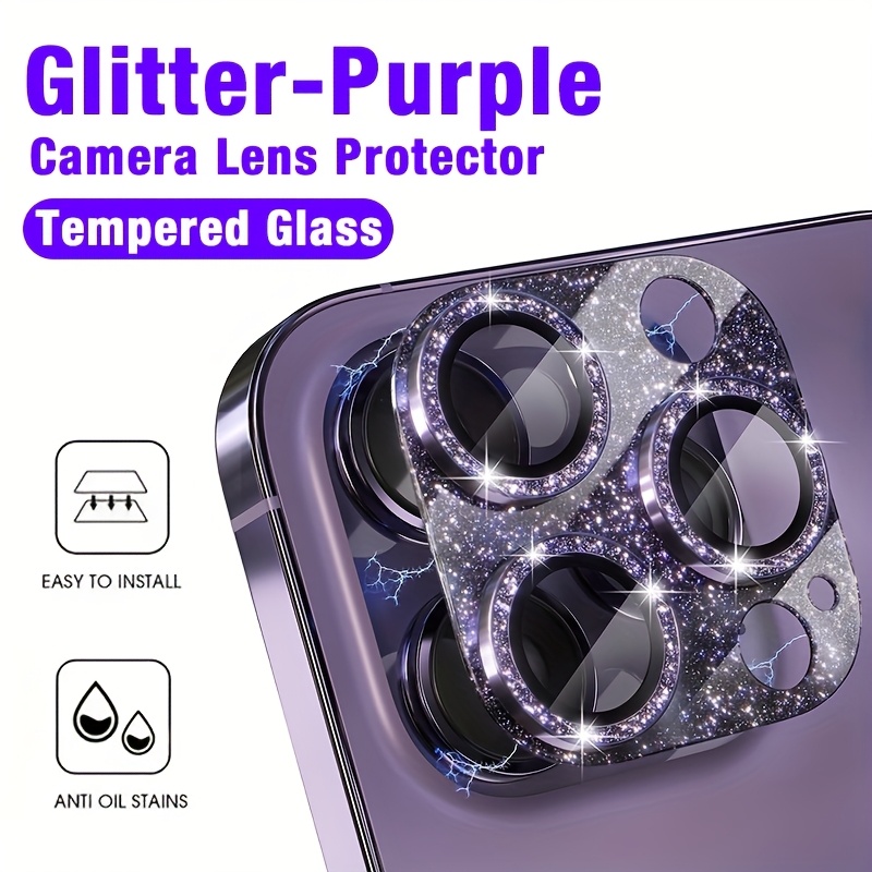 Tempered Glass Screen 9H - iPhone 16/15/14/Plus/Pro/Pro Max用 グリッターパープル カメラレンズプロテクター 1枚入り、硬度9H強化ガラス、傷防止